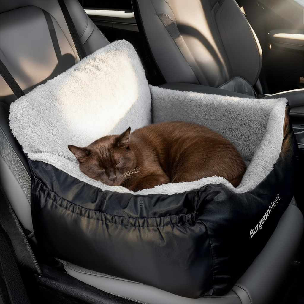 Dark brown cat in BurgeonNest car seat