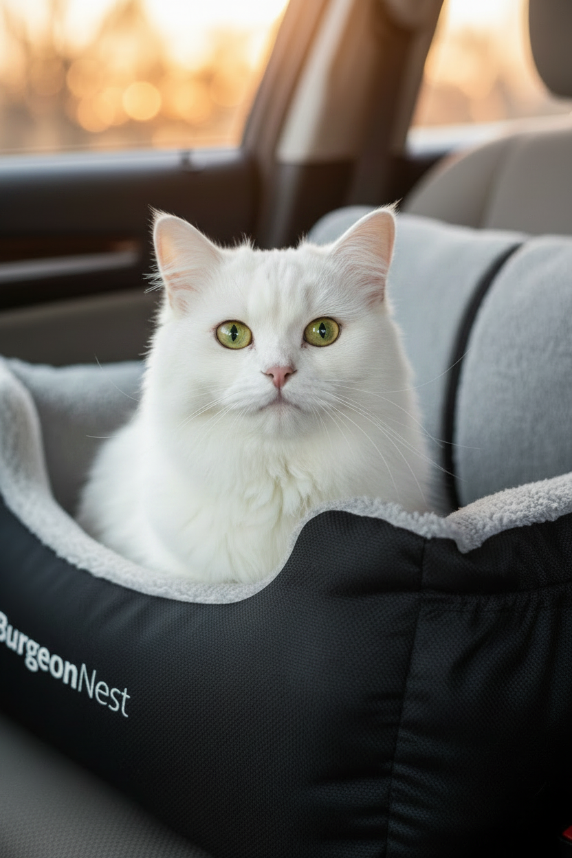 Fluffy white cat in BurgeonNest booster seat