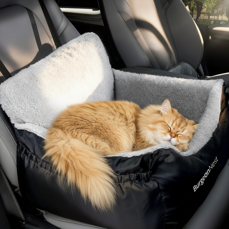 Golden Persian cat sleeping in BurgeonNest car seat