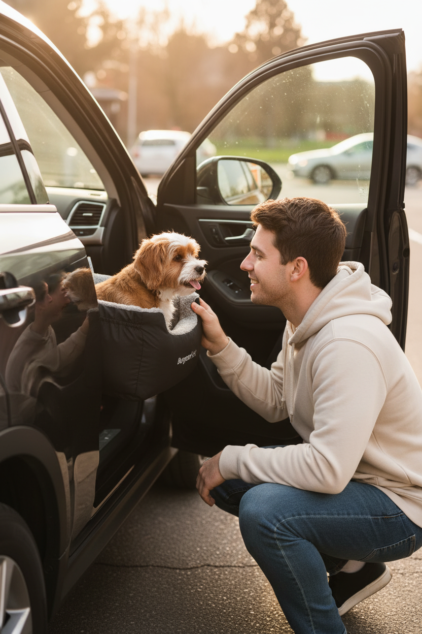 Man outside car with dog in booster seat