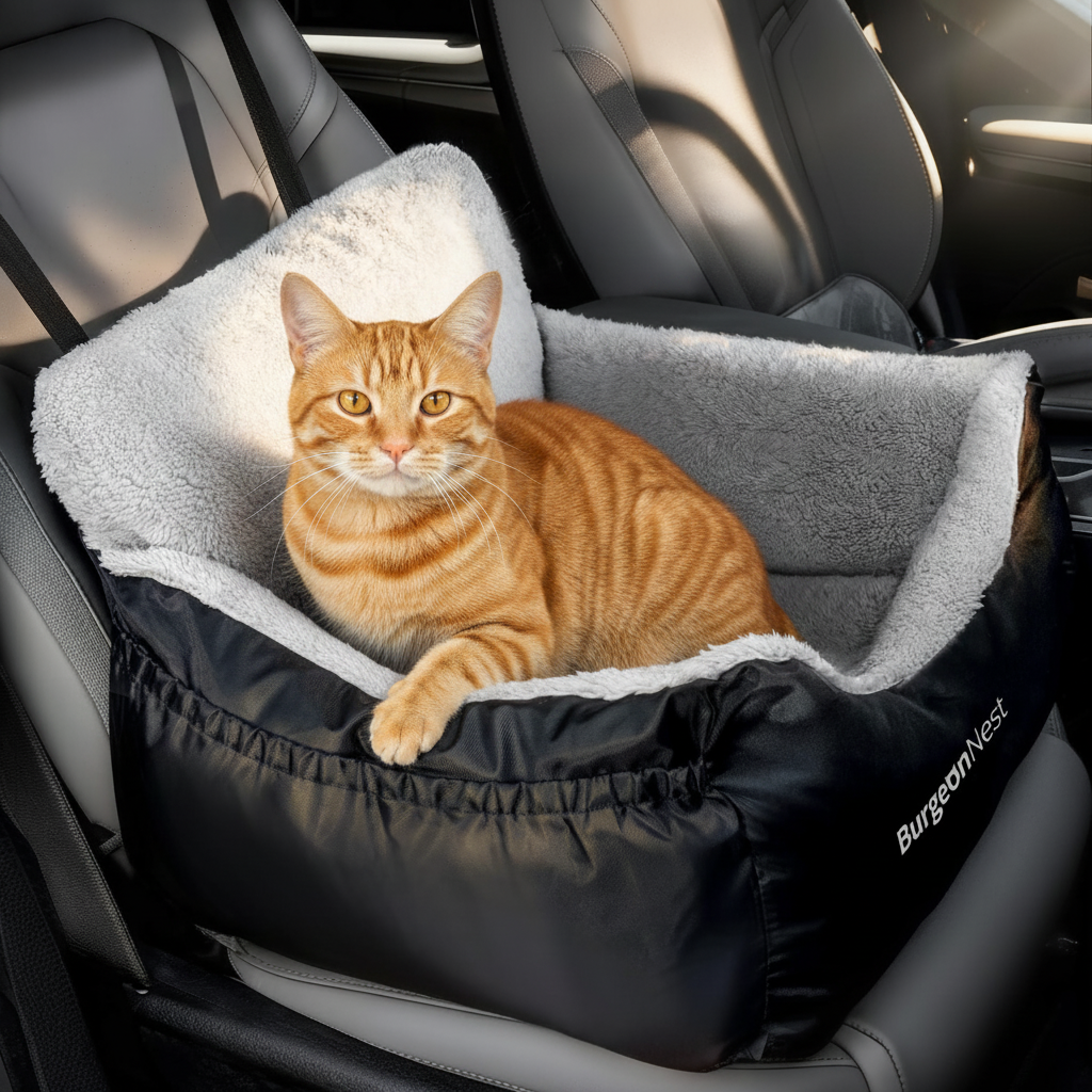 Orange tabby cat peeking over BurgeonNest car seat