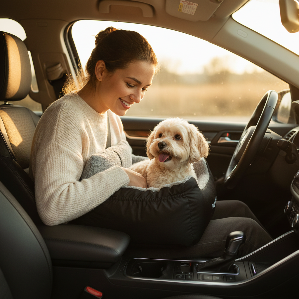 Owner and dog - warm bonding moment in car