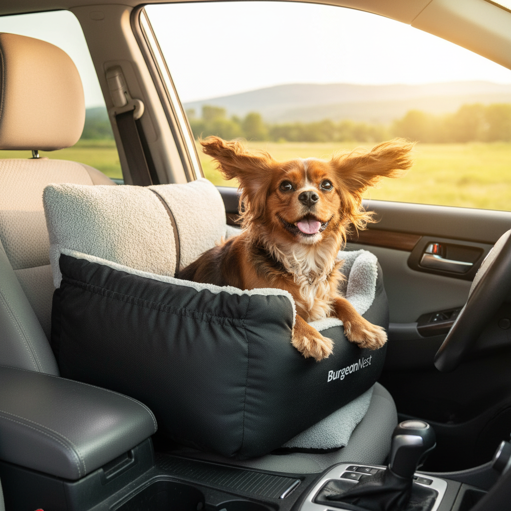 Small dog joyfully looking out car window from booster seat