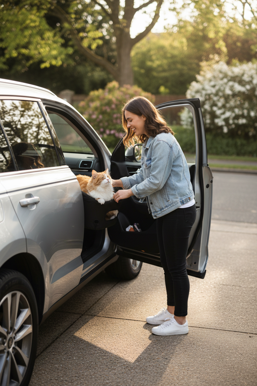 Woman outside car with cat in booster seat - wide shot