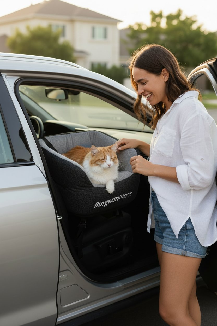 Woman with cat in BurgeonNest branded car seat - matched style